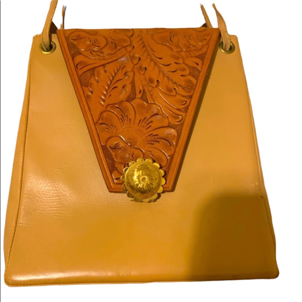 Vintage fine leather bag with tooled flap and gold clasp